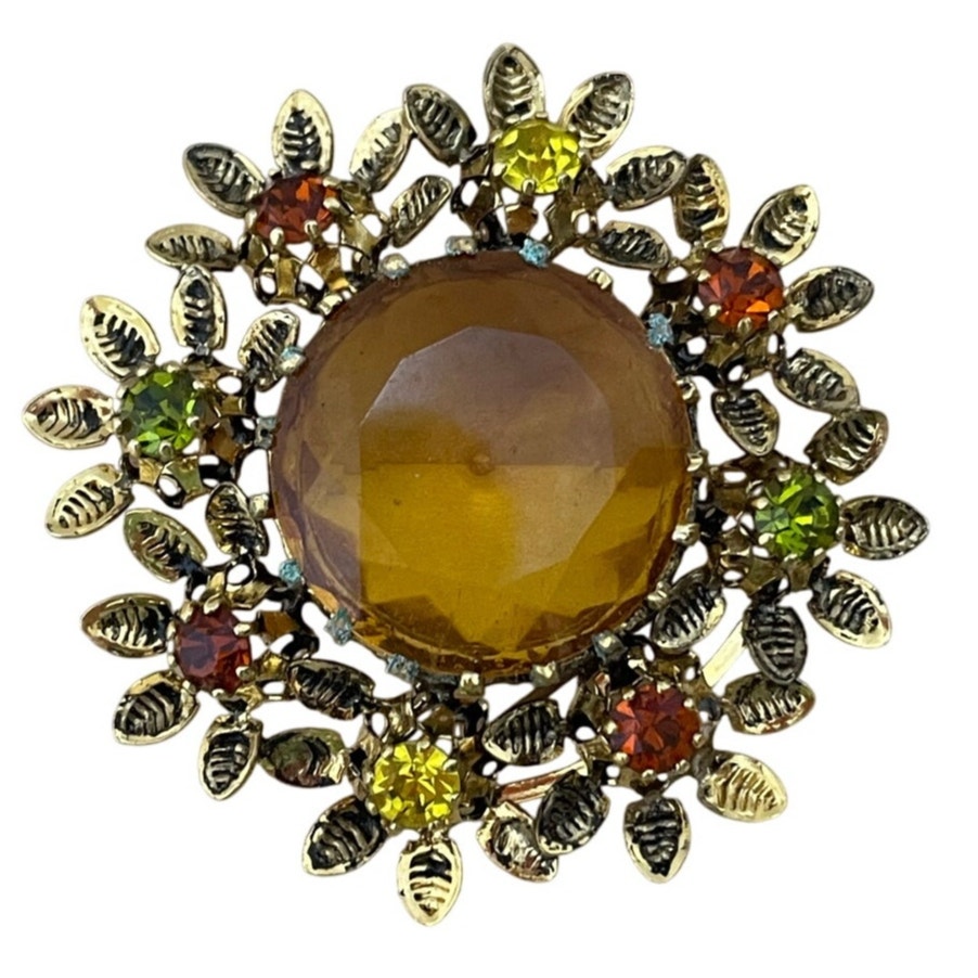Vintage Brooch Signed Made Austria Costume Jewelry Orange Green Gold Rhinestone